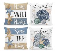BREASOME Housse de Coussin 45x45 cm, Lot de 4 Housses de Coussin Coquillages et Étoile de Mer Thème Océan Taie d'oreiller Décorative Carrée en Polyester pour Canapé Maison Salon Chambre à Coucher