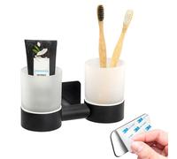 bremermann Bad-Serie Piazza Black Tape Porte-gobelet double en verre sans perçage, avec tampon adhésif, porte-gobelet, porte-brosse à dents, en verre et acier inoxydable, noir mat