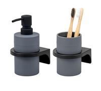 bremermann Savona Ensemble d'accessoires de salle de bain ronds avec surface douce au toucher avec support mural à coller ou à percer, 1 distributeur de savon et 1 gobelet en plastique (gris)