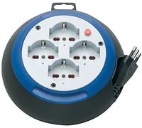 Brennenstuhl 1100535 Design Box Enrouleur de câble 4 m, 4 prises italiennes 10/16A + Schuko, hauteur 6 cm, diamètre 18 cm, couleur noir/bleu