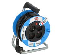 Brennenstuhl Enrouleur électrique Standard Baby S, 15m H05VV-F 3G1,5 | 4 prises de courant, poignée de transport, format compact pratique, disjoncteur, usage ménager, en intérieur, Made in France