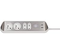 Brennenstuhl Estilo Prise d'angle avec 4 prises (multiprise de table avec surface en acier inoxydable pour cuisine et bureau, avec fonction de charge) Système de prise française
