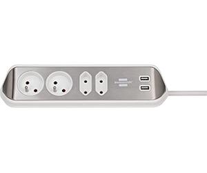 Brennenstuhl Estilo Prise d'angle avec 4 prises (multiprise de table avec surface en acier inoxydable pour cuisine et bureau, avec fonction de charge) Système de prise française