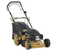 Bricogarden | Tondeuse à gazon | 3,2 CV - 2,4 kW | 135 ccm | 35 kg | Châssis en acier | Largeur de coupe : 46 cm | Hauteur de coupe : 25-75 mm (10 positions) | Bac de ramassage : 60 l | Roues avant :