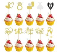 Bride Cake Topper, Lot de 30 Bride Décoration de Gâteau, Mariée Cupcake Decoration, Mariée Cupcake Topper, Deco Gateaux, pour Mariages, Engagements, Bridal Showers, Bachelorette (Or)