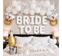 Bride to Be - Kit de ballons blancs et argentés sur le thème des enterrements de vie de jeune fille - Ballons en forme de lettre « Bride to Be » - Confettis - Bouteille de champagne - Bague en diamant