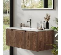 BRIDGE BENO Meuble Haut De 100 cm avec Vasque, Tiroir Et Porte en Résine Minérale, Ultra-Mince, Fermeture en Douceur, Finition Nervurée, Adapté Aux Grandes Salles De Bains. Forest Walnut