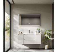 BRIDGE BENO Meuble-Lavabo Suspendu De 120 cm avec Vasque en Résine Minérale, 2 Tiroirs Et Portes, Ultra-Fin, Fermeture en Douceur, Nervuré, Blanc Mat