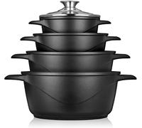 briebe Batterie de Cuisine Induction 8 Pièces, Ensemble de 4 Casseroles en Fonte d'Aluminium, Antiadhésive ILAG GRANITEC sans PFOA, Couvercles en Verre, Gants en Silicone, Tout Feux et Four, MGK-12