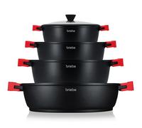 briebe Black Titanium Batterie de cuisine à induction 8 pièces antiadhésive en titane, lot de 4 casseroles en fonte d'aluminium sans PFOA, set de casseroles avec couvercles en verre, poignées en