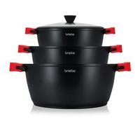 briebe Black Titanium Batterie de Cuisine Induction 6 Pièces Antiadhésive Titane, Lot de 3 Casseroles en Fonte d'Aluminium sans PFOA, Couvercles en Verre, Poignées Amovibles en Silicone