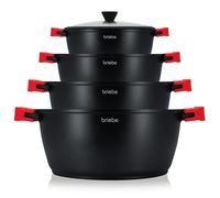 briebe Black Titanium Batterie de Cuisine Induction 8 Pièces Antiadhésive Titane, Lot de 4 Casseroles en Fonte d'Aluminium sans PFOA, Couvercles en Verre, Poignées Amovibles en Silicone
