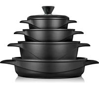 Briebe MGK-17S Set de casseroles à induction 8-pièces en fonte d'aluminium 4 casseroles 4 couvercles en verre noir
