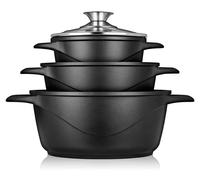 Briebe MGK-18 Set de casseroles à induction 6-pièces en fonte d'aluminium 3 casseroles 3 couvercles en verre noir
