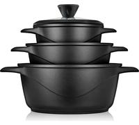 Briebe MGK-18S Set de casseroles à induction 6-pièces en fonte d'aluminium 3 casseroles 3 couvercles en verre noir