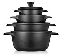 Briebe MGK12S Set de casseroles à induction 8-pièces en fonte d'aluminium 4 casseroles 4 couvercles en verre noir