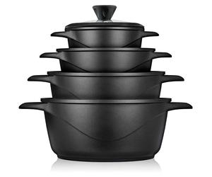 Briebe MGK12S Set de casseroles à induction 8-pièces en fonte d'aluminium 4 casseroles 4 couvercles en verre noir