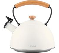Bouilloire à Induction Théière Sifflet 2,3L Acier Inox, Poignée en Bois Briebe Nordic Blanc