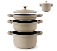 briebe Totem Batterie Cuisine Empilable 4 Pièces Antiadhésif Céramique | Induction Poêle, 2 Casseroles Ø 22cm Aluminium Moulé sans PFOA, Tous Feux, Crème