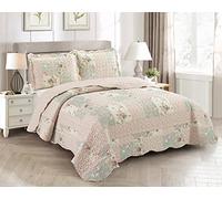 Brilliant Sunshine Parure de lit 3 pièces, Courtepointe Rose et Sauge, Design Patchwork Traditionnel, Lavable et réversible, légère, Douce, Toutes Saisons -Double/Queen Size, Rose Clair Vert