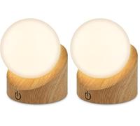 Briloner - Mini lampe de table LED sans fil IP54 avec touche, variateur par paliers, batterie et source interchangeables, lampe de chevet, boule, lampe LED, 10x8x9 cm, aspect bois (Lot de 2)