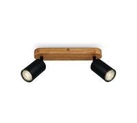 BRILONER - Plafonnier rétro avec bois, 2 flammes vintage, 2x GU10, spot LED réglable, spot de plafond rustique, noir-bois, 270x60x85 mm