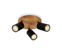 BRILONER - Plafonnier rétro avec bois, 3 flammes vintage, 3x GU10 douille, spot LED orientable, spot de plafond rustique, noir-bois, 190x85 mm