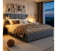 BRILVERDE Lit Coffre 160x200 cm avec 2 liseuses,Lit Double rembourré avec Rangement,avec sommier Lattes, Convient aux Adolescents et aux Adultes, Matelas Non Inclus (Gris, 160 x 200 cm)
