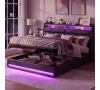 BRILVERDE Lit Coffre 160x200 cm avec Sommier à Lattes, LED d’Ambiance, Tête de Lit avec Rangement, Lit Double en PU Noir, Grand Espace de Rangement pour Adultes et Adolescents