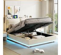 BRILVERDE Lit double capitonné avec espace de rangement 160x200, lit double avec LED/USB sans fil, lit escamotable hydraulique, lit de jeunesse avec tête de lit, cadre de lit avec sommier à lattes