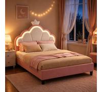 BRILVERDE Lit Enfant 140x190 cm,Lit de Fille avec tête de LED réglable et sommier à Lattes, lit Double, Design Forme Couronne pour Enfants et Adolescents,Velours (Rose et Blanc, 140x190)