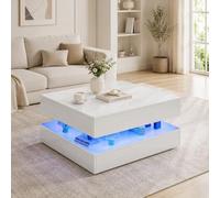 BRILVERDE Table basse carrée avec éclairage LED, table basse haute brillance, table basse avec 2 tiroirs et zone d'exposition transparente (blanc)
