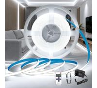 BRIMETI Ruban LED COB 5M 24V Autocollant Bande LED COB 6000K Blanc Dimmable Découpable 320LED/M Flexible avec Alimentation et Télécommande Largeur 8mm CRI>90 Intérieur Eclairage pour Chambre