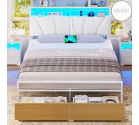Brinlawb Cadre de Lit 140 x 190 avec Sommier en Métal, Lit 2 Personnes avec Lumières LED et Multiprise (2 Prises AC, 2 Ports USB-A) lit Double 140x190 cm avec 2 Tiroirs, Facile à Assembler, Blanc