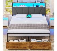 Brinlawb Cadre de lit 140x200 avec Sommier Métal Lit 2 Personnes avec Lumières LED et Multiprise (2 Prises AC, 2 Ports USB) lit Double en Métal avec 2 Tiroirs, Facile à Assembler, Moderne, Gris