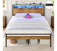 Brinlawb Cadre de Lit 140x200 avec Sommier Métal lit 2 Personnes avec Lumières LED et Multiprise(2 Prises AC, 1 Port USB-A, 1 Port USB-C) Lit 140x200 avec Rangement, Facile à Assembler, Marron Vintage