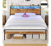 Brinlawb Cadre de Lit 180x200 avec Sommier Métal lit 2 Personnes avec Lumières LED et Multiprise (2 Prises AC, 1 Port USB-A, 1 USB-C) Lit 180x200 avec Rangement, Facile à Assembler, Marron Vintage