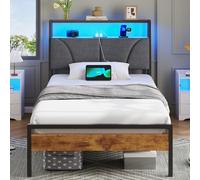 Brinlawb Cadre de Lit 90x190 avec sommier Métal, Lit 1 Personne avec lumières LED, Multiprise (2 Prises CA, 2 Ports USB) lit 90x190cm en métal avec Rangement, Facile à Assembler Marron Vintage+Gris
