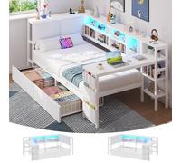 Brinlawb Canapé Lit 90x200 cm avec éclairage LED et multiprise, Cadre de Lit 90x200 cm avec Une Table et Deux Grands tiroirs, Lit Banquette Lit Enfant 90x200cm, Tête de Lit à Dossier Rembourré, Blanc