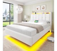 Brinlawb Lit Flottant 140x200 cm avec Dossier Confortable Incliné Rembourré et Rangement Caché, Lit 140x200 avec Sommier avec Éclairage LED et Multiprise (2 Prises AC, 1 USB-A, 1 USB-C) Velours Blanc
