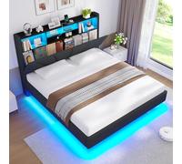 Brinlawb Lit Flottant 140x200 cm avec Dossier Rembourré pour la tête de lit et Rangement Caché, Lit 140x200 avec Sommier avec Éclairage LED et Multiprise (2 Prises AC, 1 USB-A et 1 USB-C) Lin Gris