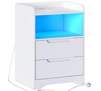 Brinlawb Table de Chevet Blanche avec lumières LED et Multiprise (2 Prises CA, 2 Ports USB) Table de Nuit Blanche avec 1 Compartiment Ouvert et 2 Tiroirs pour Salon, Chambre, Bureau, Moderne, Blanc