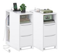 Brinlawb Table de Chevet Étroite avec Lumière LED intelligente et Multiprise, Table de Chevet Lot de 2 avec 3 Compartiments Ouverts, 2 Tiroirs, table de Nuit Lot de 2 pour Salon Chambre, Moderne Blanc