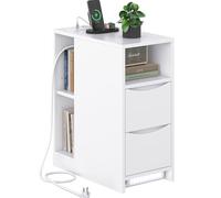 Brinlawb Table de Chevet Étroite avec Lumière LED Intelligente et Multiprise, Table de Nuit Blanche avec 3 Compartiments Ouverts, 2 Tiroirs, pour Salon, Chambre, Bureau, Convient aux Coins restreints