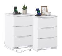 Brinlawb Table de Chevet lot de 2 avec lumières LED et Multiprise (2 Prises CA, 2 Ports USB) Table de Nuit lot de 2 avec 3 Tiroirs pour Salon, Chambre, Bureau, Montage Facile, 37x42x60cm Moderne Blanc