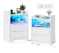 Brinlawb Table de Chevet Lot de 2 avec lumières LED et Multiprise (2 Prises CA, 2 Ports USB) Table de Nuit Lot de 2 avec 1 Compartiment Ouvert et 2 Tiroirs pour Salon, Chambre, Bureau, Moderne, Blanc
