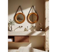 Brio - miroir rond pour salle de bain en bois et lanière en cuir