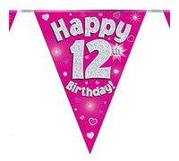 British Ballet Banderole rose pour 12e anniversaire • Guirlande de 3,9 m avec 11 drapeaux triangulaires • Décoration de fête d'anniversaire 12 ans • Bannière holographique pour filles • Décoration