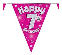 British Ballet® Banderole rose pour 7e anniversaire • Guirlande de 3,9 m avec 11 drapeaux holographiques • Décoration de fête d'anniversaire de 7 ans • Bannière rose pour filles • Décoration