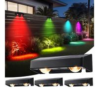 BrizLabs Lampe Solaire Exterieur Jardin, Lot de 4 Applique Murale Solaires 11 Modes Étanche LED Lumières de Clôture Éclairage Décoration pour Chemin Escalier Patio, Blanc Chaud+Blanc Froid+Couleur RVB